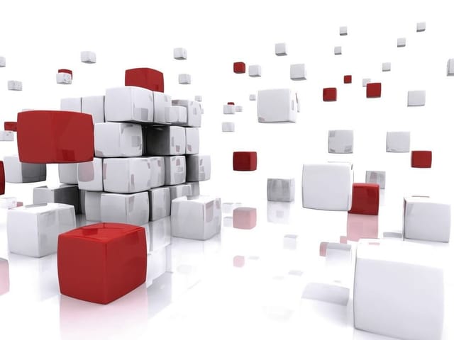 Fototapeta z czerwonymi i białymi sześcianami unoszącymi się w przestrzeni