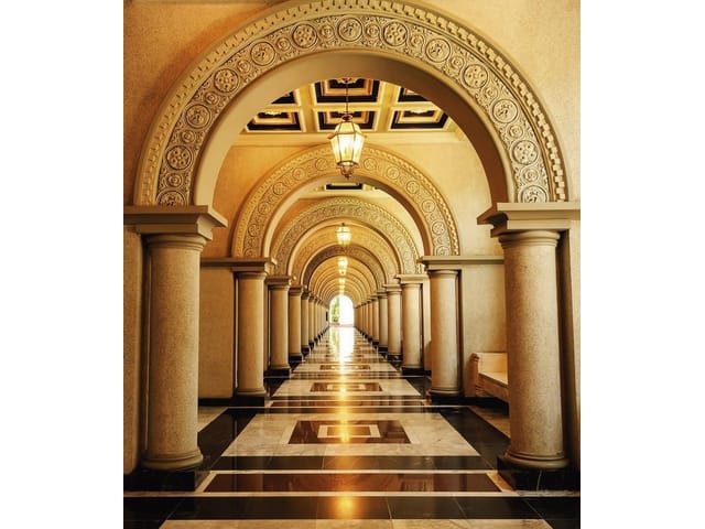 Fototapeta Tunel z Kolumnami i Lampami (kod: 10124) Fototapeta 3D tunel z łukowatymi sklepieniami i kolumnami