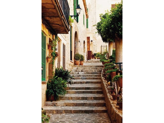 Fototapeta z kamiennymi schodami otoczonymi roślinami i budynkami