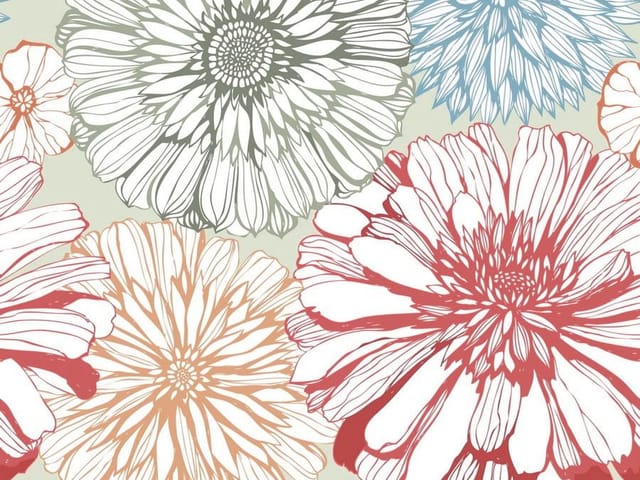 Fototapeta z dużymi kwiatami w odcieniach czerwieni i błękitu