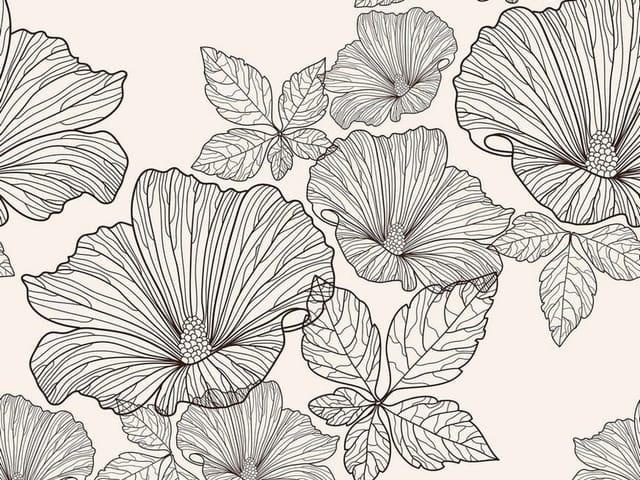 Fototapeta z dużymi kwiatami i liśćmi na jasnym tle