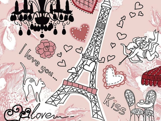 Fototapeta z Wieżą Eiffla, sercami, żyrandolem i aniołkiem