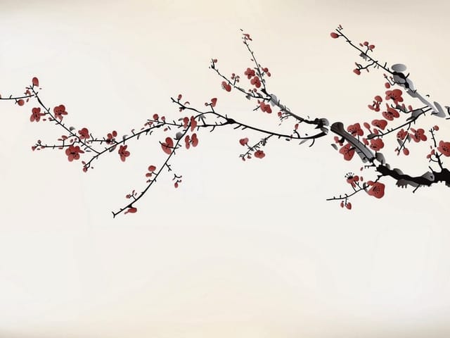 Fototapeta z gałęzią drzewa sakury i czerwonymi kwiatami na jasnym tle