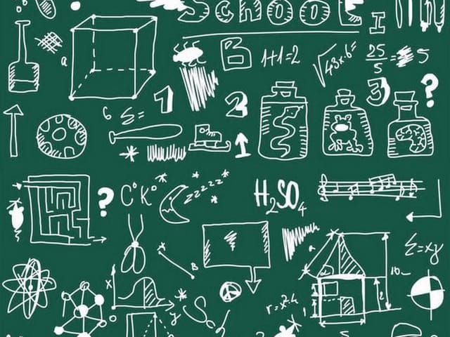 Fototapeta z zieloną tablicą pokrytą białymi rysunkami i symbolami szkolnymi