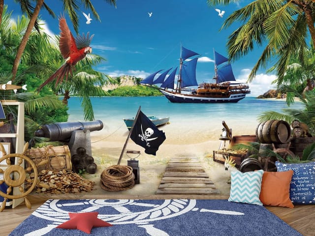 Fototapeta Statek na morzu z plażą i palmami (kod: 10955) Fototapeta Statek na morzu z plażą i palmami