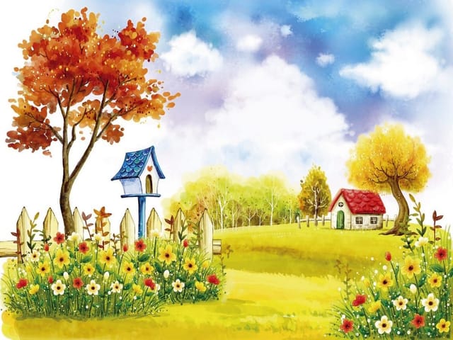 Fototapeta Kolorowe drzewo i domek z czerwonym dachem