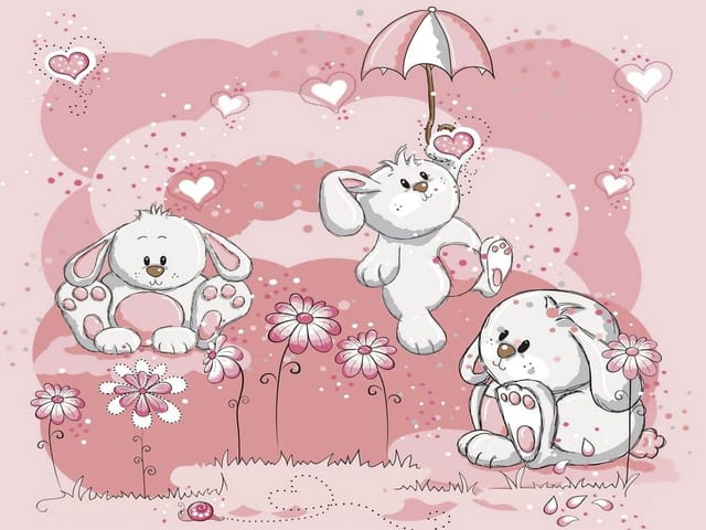 Fototapeta Trzy białe króliki z parasolką (kod: 11020) Fototapeta Trzy białe króliki z parasolką