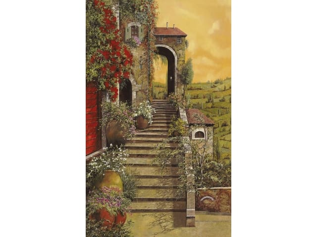 Fototapeta z kamiennymi schodami otoczonymi roślinnością i kwiatami, z widokiem na stare budynki i wzgórza.