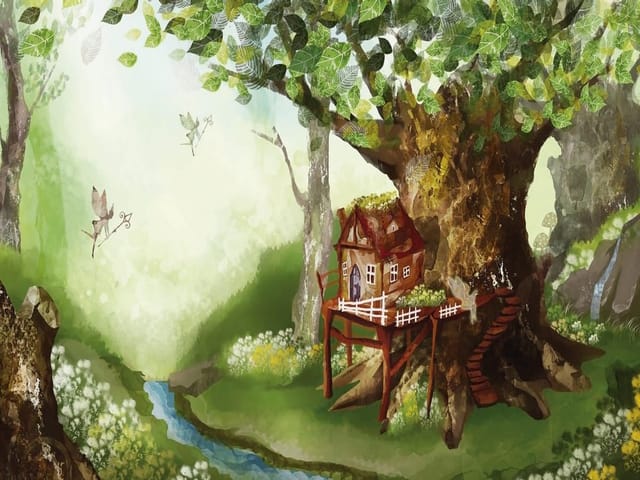 Fototapeta Domek na drzewie w magicznym lesie