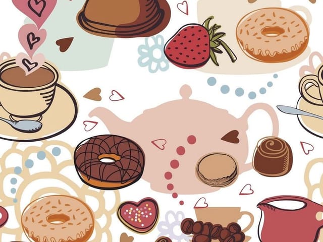 Fototapeta Kawowe i deserowe inspiracje (kod: 11732) Fototapeta z elementami kawy, deserów, dzbankiem do herbaty, liśćmi i kwiatami