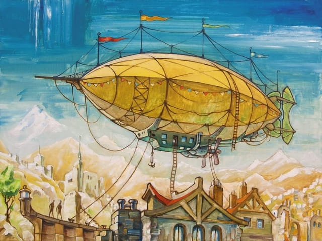 Fototapeta Żółty sterowiec nad miastem