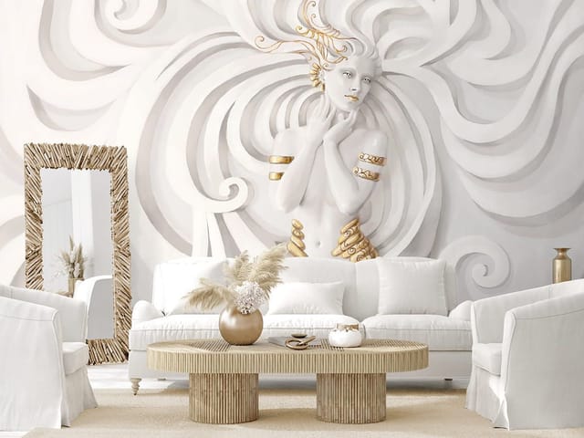 Fototapeta z postacią kobiety z długimi włosami i złotymi ozdobami na tle abstrakcyjnych linii