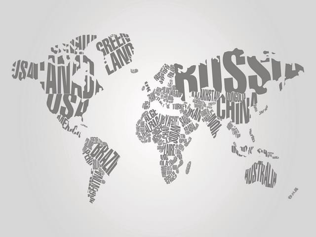 Fototapeta z mapą świata, kontynenty z nazw krajów, szare tło