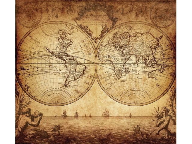 Fototapeta Stara mapa świata z globusami (kod: 11953) Fototapeta przedstawiająca starą mapę świata z globusami i statkami.