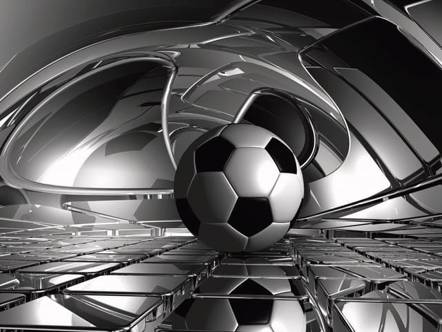 Fototapeta z piłką nożną na metalowej powierzchni z geometrycznymi kształtami