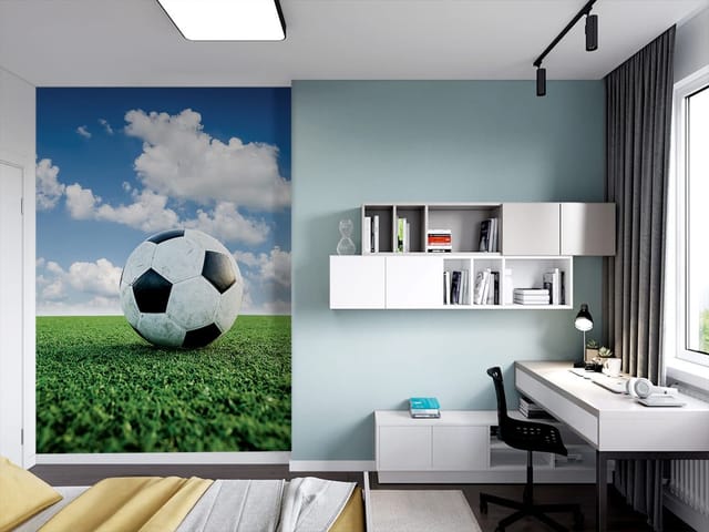 Fototapeta z piłką nożną na zielonej trawie i błękitnym niebem