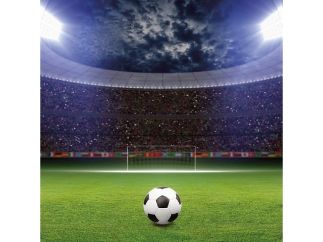 Fototapeta z piłką nożną na murawie stadionu z trybunami i bramką