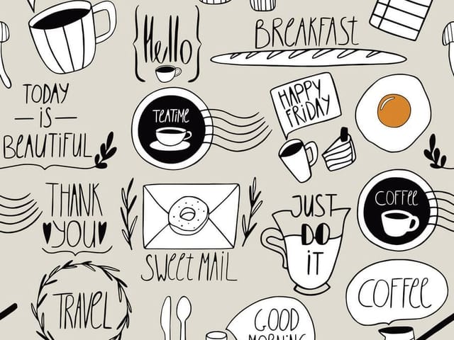 Fototapeta z elementami śniadaniowymi – kubki z kawą, talerze z jajkiem