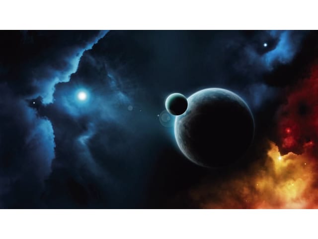 Fototapeta Planety – ciemna planeta z księżycem w kosmosie