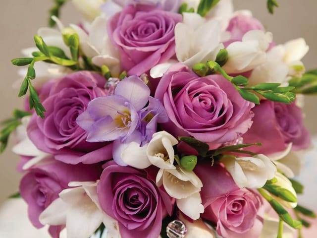 Fototapeta Bukiet różowych róż i białych kwiatów (kod: 13168) Fototapeta z bukietem różowych róż i białych kwiatów na jasnym tle