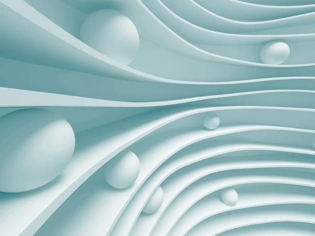 Fototapeta Abstrakcyjne fale i kule 3D (kod: 13459) Fototapeta z abstrakcyjnymi falami i kulami w niebieskiej tonacji