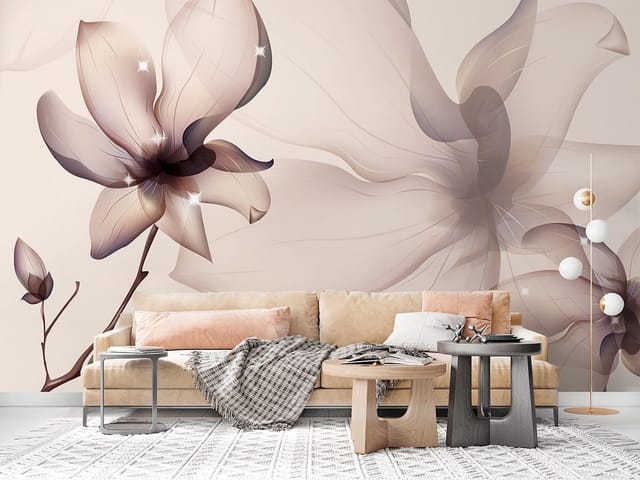 Fototapeta z dużym kwiatem magnolii na gałęzi z liśćmi i rozmytym tłem