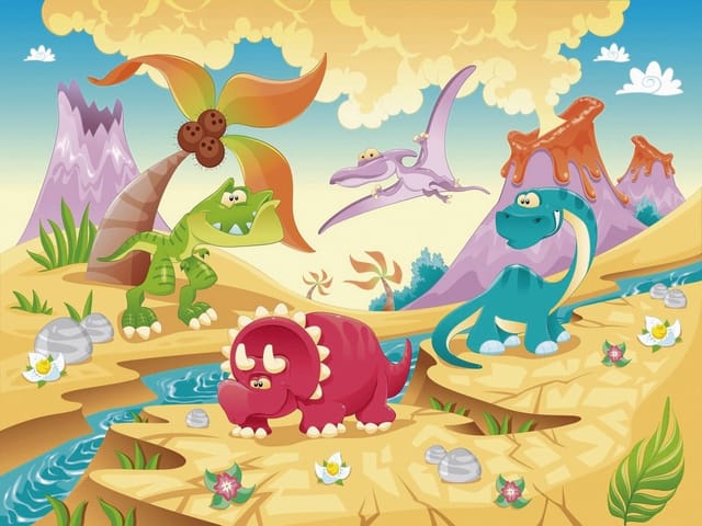 Fototapeta z kolorowymi dinozaurami na pustyni z wulkanem i strumieniem
