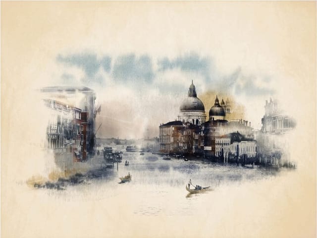 Fototapeta z widokiem na kanał z budynkami i kopułami w tle