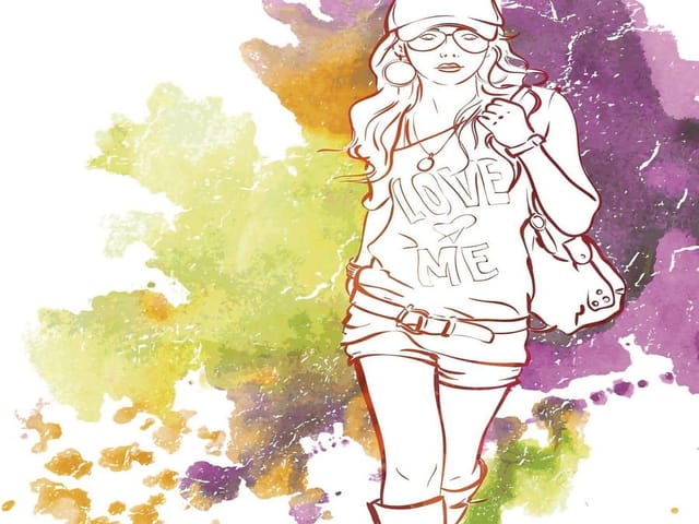 Fototapeta z kobietą w modnym stroju i kolorowym tłem z plamami