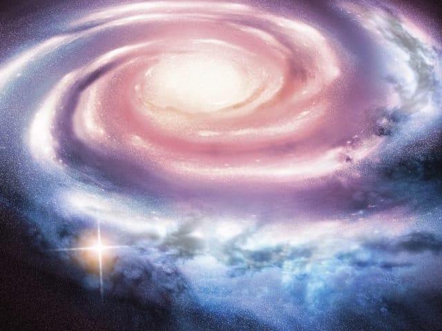 Fototapeta Spiralna galaktyka w kosmosie (mpn: 1434) Fototapeta z spiralną galaktyką, jasnym centrum i gwiazdami na ciemnym tle