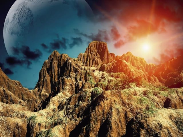 Fototapeta Górski pejzaż z planetą (mpn: 1435) Fototapeta z górskim krajobrazem i dużą planetą na ciemnym niebie