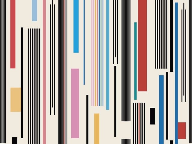 Fototapeta z kolorowymi pionowymi pasami i czarnymi liniami na jasnym tle