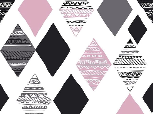 Fototapeta z geometrycznymi rombami w kolorach różowym, czarnym i szarym na białym tle