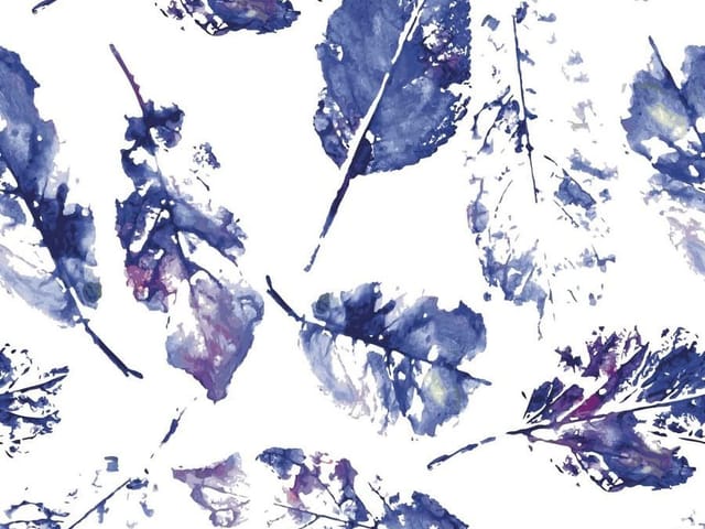 Fototapeta z niebieskimi liśćmi na białym tle, akwarelowy efekt