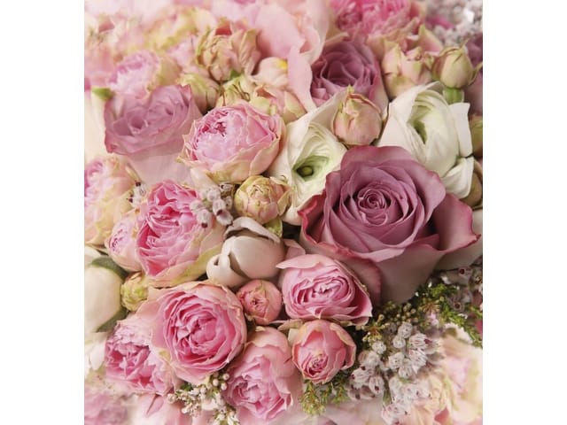 Fototapeta z bukietem różowych i białych róż, zielone liście