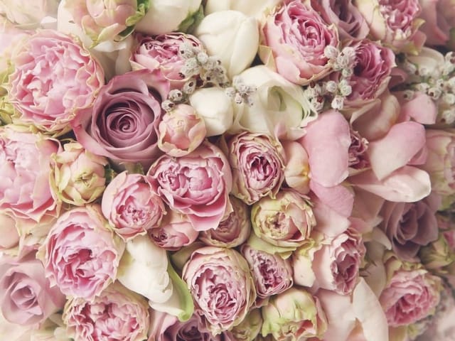 Fototapeta Bukiet różowych i białych kwiatów (kod: 14642) Fototapeta z bukietem różowych róż i białych tulipanów z zielonymi liśćmi