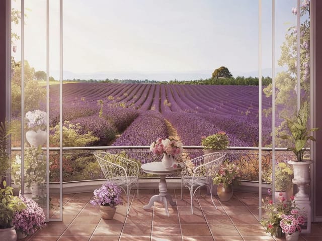 Fototapeta z tarasem i polem lawendy w tle, drzewa na horyzoncie