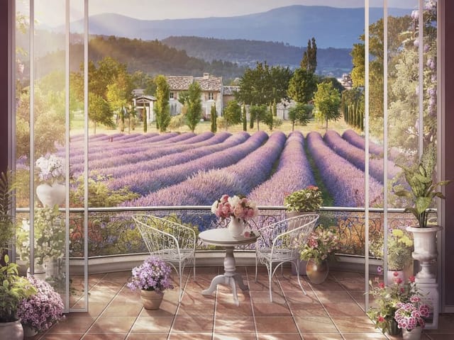 Fototapeta z tarasem i polem lawendy, góry w tle