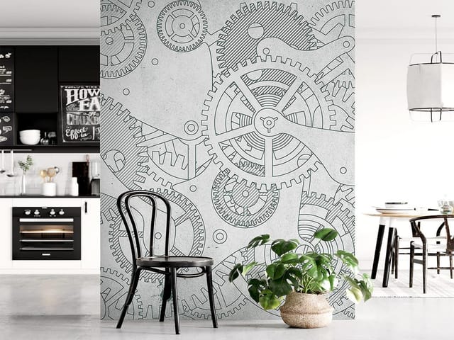 Fototapeta z zębatkami na szarym tle, geometryczne wzory