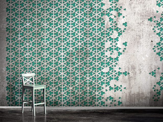 Fototapeta z geometrycznym wzorem na zielonym tle, z przetarciami i gwiazdami