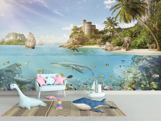 Fototapeta Krajobraz morski z zamkiem (kod: 15046) Fototapeta z zamkiem na wzgórzu, plażą, statkiem i rafą koralową