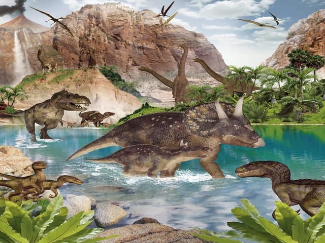 Fototapeta Dinozaury nad wodą w lesie