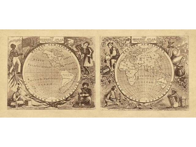 Fototapeta Ozdobne mapy półkul świata (mpn: 1573) Fototapeta z dwoma ozdobnymi mapami półkul świata i dekoracjami