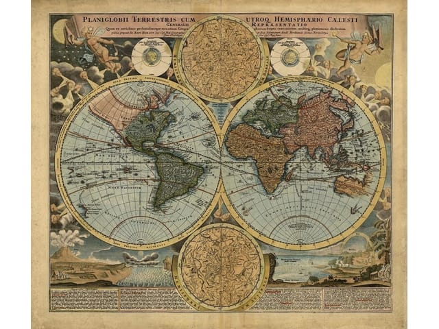 Fototapeta przedstawiająca starożytną mapę z globusami i ozdobnymi elementami