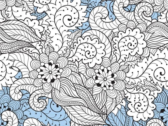 Fototapeta z ornamentami roślinnymi, dużymi liśćmi i kwiatami na niebieskim tle