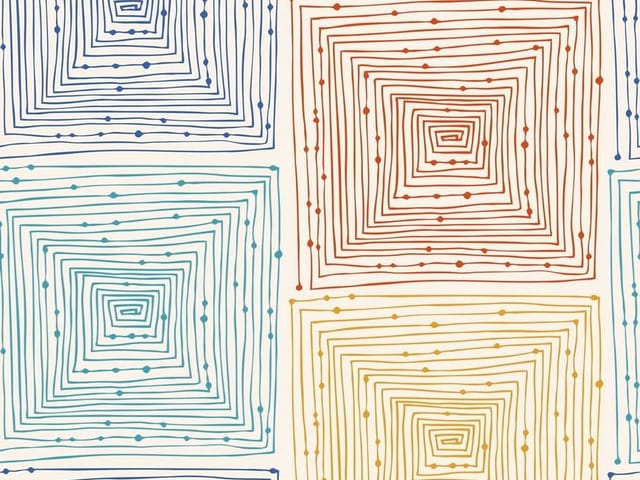 Fototapeta z geometrycznymi wzorami z kwadratów w kolorach niebieskim, czerwonym i żółtym na jasnym tle