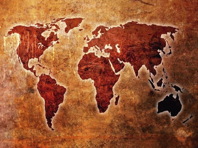 Fototapeta Mapa świata na starym płótnie (kod: 17319) Fototapeta z mapą świata na teksturowanym tle przypominającym stare płótno