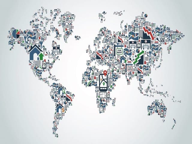 Fototapeta Mapa świata z ikonami na jasnym tle (mpn: 1764) Fototapeta z mapą świata, kontynenty złożone z ikon na jasnym tle