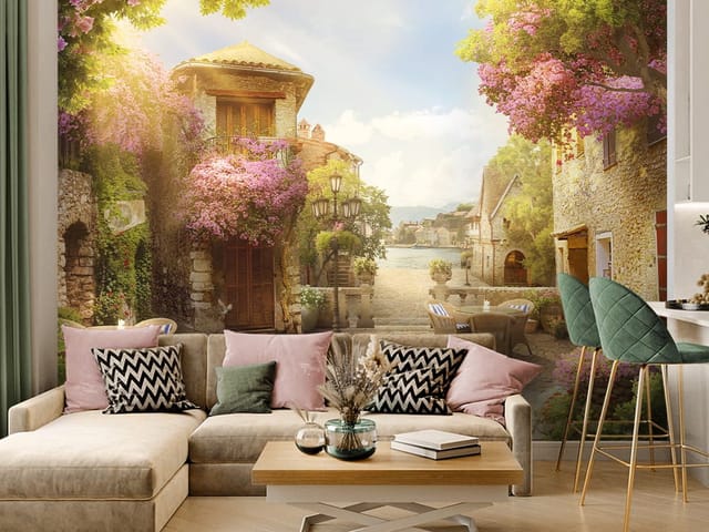 Fototapeta Kamienne budynki z kwiatami