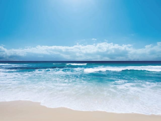 Fototapeta z piaszczystą plażą, błękitnym niebem i falującym morzem